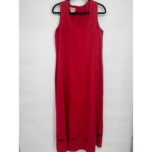 Coldwater Creek Dress Women’s 14 Red Linen Bicycle Embroidered Whimsical